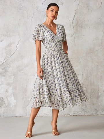 Vestito Stampato Con Scollo A V Chiffon Di Poliere Maniche Corte A Volant Vita Alta A Strati Per Donne