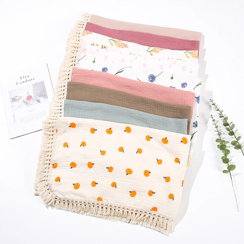 Baby Swaddle Blanket Cotton Muslin Gauze Double Layer Stroller Cover Soft Breathable With Tassel Fringe For Infants