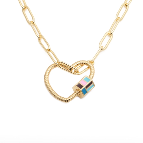 Collier À Fermoir Vis En Forme De Cœur Pendentif Cube Émail Coloré Cuivre Plqué Or Chaîne Trombone Bijoux Hip Hop Femmes