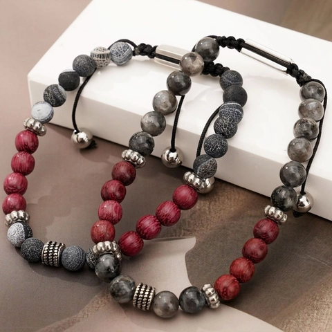 Bracciale Di Perline Da Uomo Pietra Occhio Di Tigre Naturale Labradorite Legno Acciaio Inossidabile Regolabile Fatto A Mano