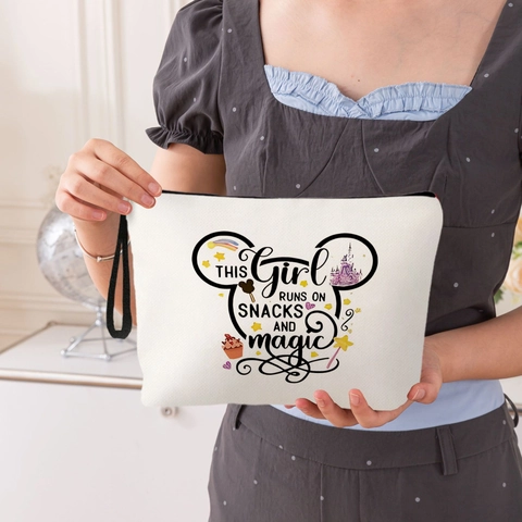 Linen Cosmetic Bag With Zipper And Wrist Strap Travel Makeup Pouch For Women Girls Portable Storage Organizer Handbag Printed