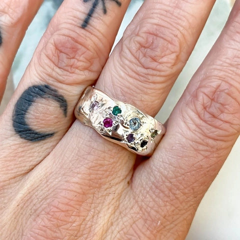 Irregular Texture Wide Band Ring Copper With Colorful Cubic Zirconia Inlaid Vintage Geometric Jewelry For Women