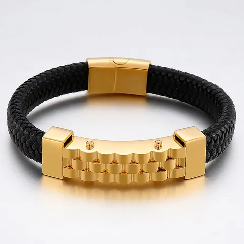 Men Woven Leather Bracelet Stainless Steel Wave Plate Punk Braided Wristband Magnetic Clasp Fashion Jewelry