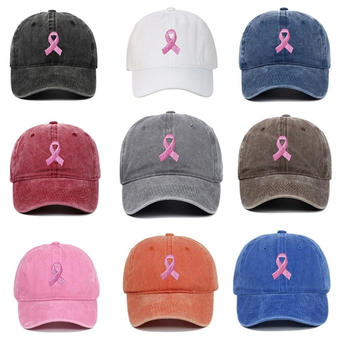 Pink Ribbon Embroidery Baseball Cap Washed Cotton Retro Breast Cancer Awareness Adjustable Outdoor Sun Hat
