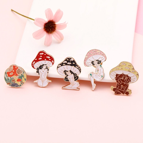 Cartoon Mushroom Girl Enamel Brooch Pin Alloy Drip Oil Creative Personified Plant Jewelry Accessory For Clothing