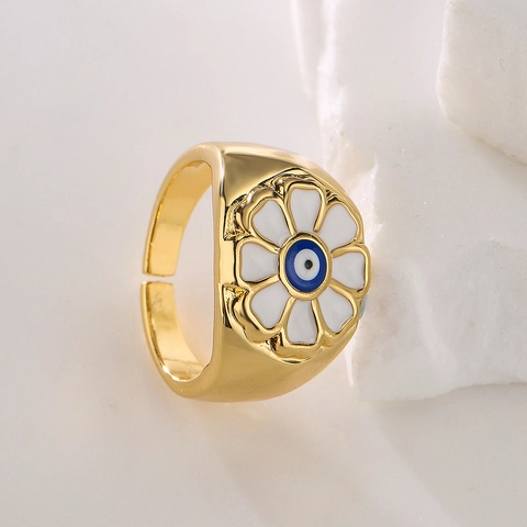 Evil Eye Flower Ring Copper 18K Gold Plated Enamel Drip Oil Bohemian Adjustable Open Jewelry For Women