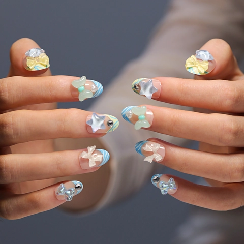 Uñas Postizas Francesas Rayas Azules Blancas Dibujos Animados 3D Lazo Resina Estrella Diamante De Imitación Para Mujeres
