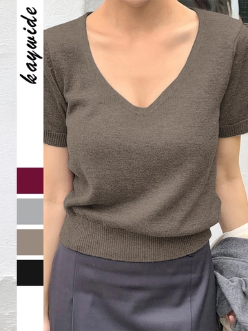 T-Shirt En Tricot À Manches Courtes Et Col En V Pour Femmes Pull Décontracté Couleur Unie Doux Haut Mode Streetwear