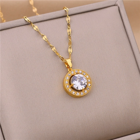 Round Zircon Pendant Necklace Stainless Steel Elegant Jewelry Gift For Women Gold Color Fashionable