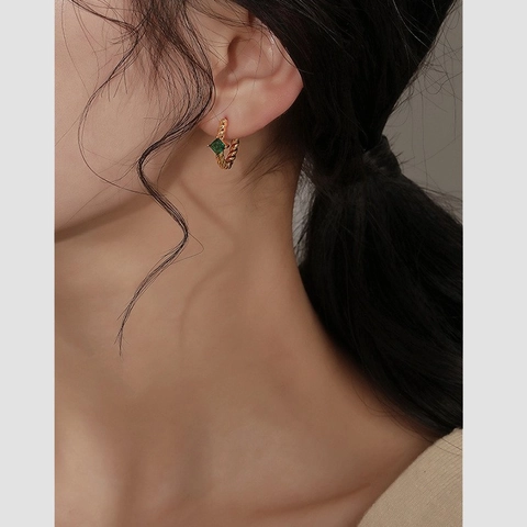 Orecchini A Cerchio Intrecciati Con Zirconi Quadrati Per Donna Acciaio Inossidabile Geometrico Retro Verde Smeraldo Gioielli