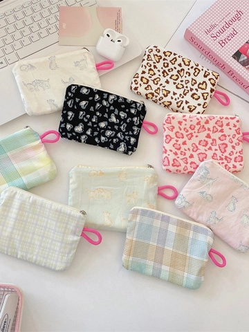 Mini Coin Purse Portable Canvas Zipper Storage Bag For Lipstick Earphone Printed Cat Leopard Pattern For Women Girls