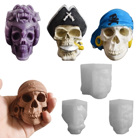 Halloween Pirate Skull Silicone Mold Skeleton Bandana Crown Lizard Armor Head Candle Resin Plaster DIY Craft Tool Goth