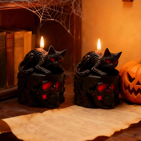 Halloween Silicone Candle Mold Black Cat Skeleton On Skull DIY Aromatherapy Soap Resin Craft Making Gothic Home Decor Tool