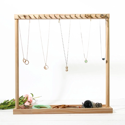 Wooden Necklace Display Stand Jewelry Rack With Metal Hooks And Base Tray For Bracelet Pendant Storage Desktop Organizer