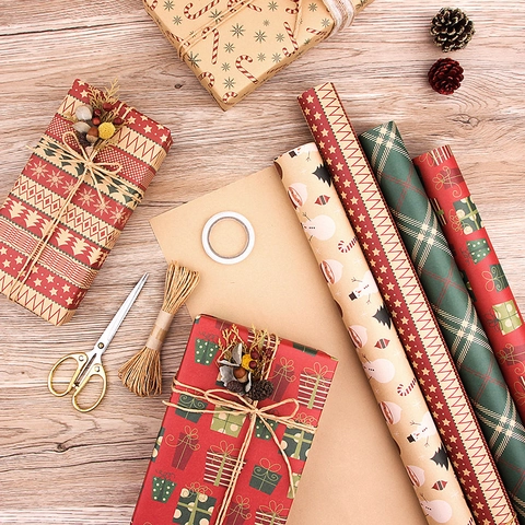 Christmas Gift Wrapping Paper Vintage Kraft Paper Santa Snowflake Reindeer Pattern Holiday DIY Present Packaging