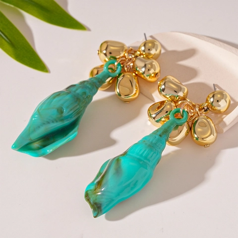 Drop Earrings With Green Acrylic Conch Pendant Irregular Gold Alloy Beads And Steel Earring Post Vacation Style Women