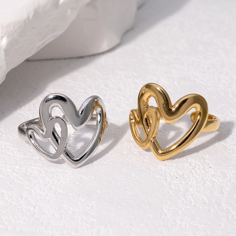 Anillo Doble Corazón Acero Inoxidable Chapado Oro 18K Ajustable Abierto Joyería Minimalista Geométrico Mujer
