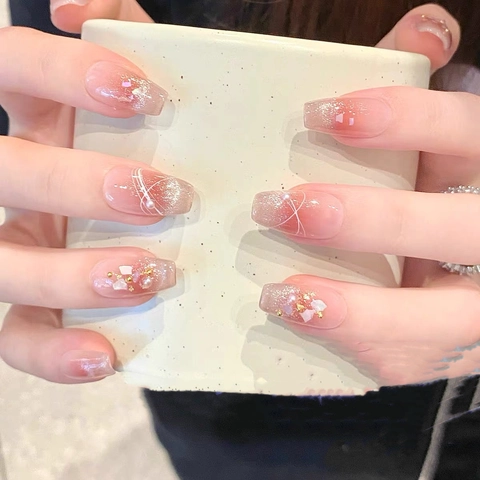 Press On Nails Cat Eye Ombre Pink Muschel Goldfolie Künstliche Perle Glitzer Elegant Für Frauen Täglich
