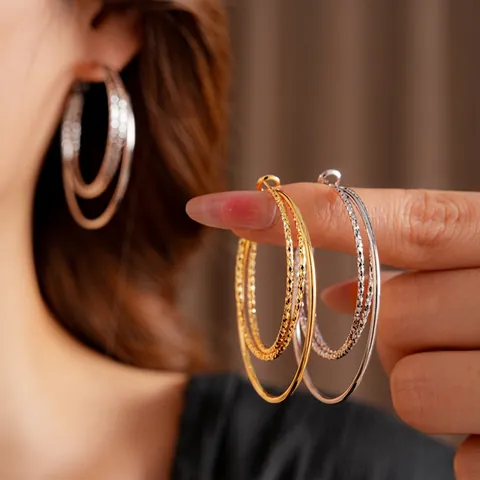 Triple Round Hoop Earrings With Textured Gold And Silver Plated Copper Design And Silver Earring Post For Women Fashion
