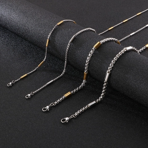 Stainless Steel Box Chain Necklace With Cylindrical Beads Dual Tone Minimalist Jewelry For Men Women