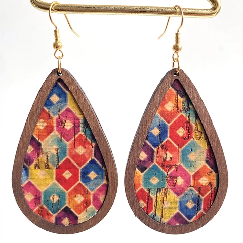 Tropfenohrringe Vintage Holz Und Leder Regenbogen Geometrisches Muster Bohemian Stil Hängende Ohrringe Für Damen