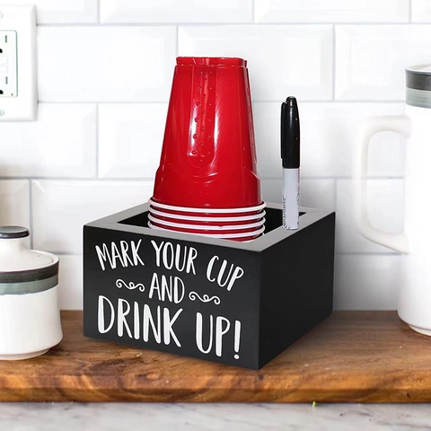 Wooden Disposable Cup Holder With Marker Slot For Party Coffee Station Beverage Storage Box Organizer