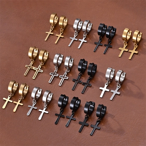 Stainless Steel Cross Hoop Earrings Punk Trendy Simple Jewelry For Men And Women