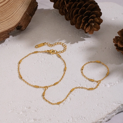 Minimalist Gold Plated Stainless Steel Slave Bracelet Hand Chain Finger Ring Jewelry For Women Waterproof Non-fading
