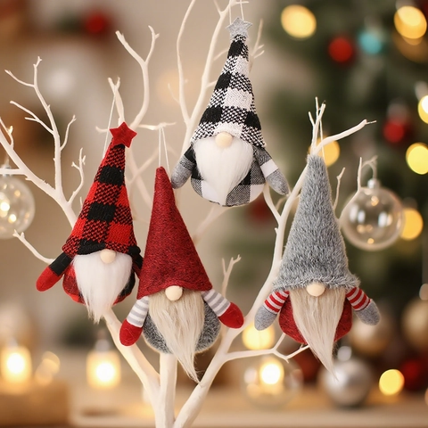 Adornos Colgantes De Gnomos Navideños Muñecos Sin Rostro Sombrero De Punto A Cuadros Barba Larga Decoración Árbol