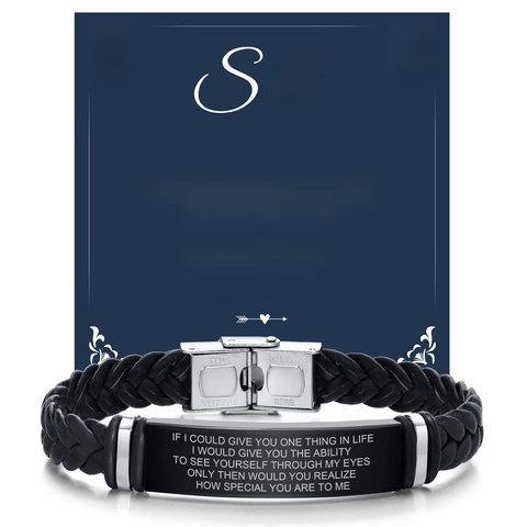 Leather Bracelet Stainless Steel Plated Engraved Metal Jewelry For Men Dad Son Husband Gift Inspirational Fashion Style
