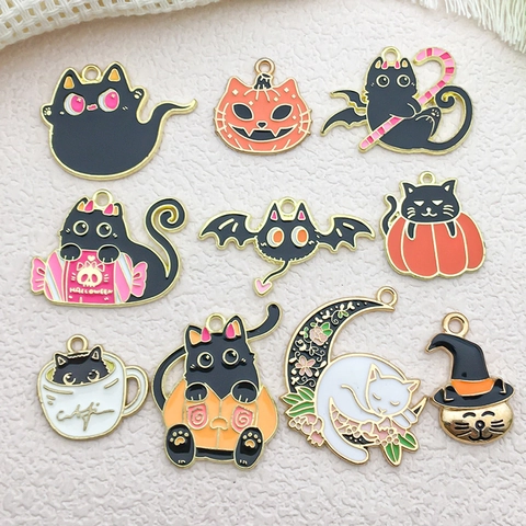 Halloween Emaille Anhänger Zinklegierung Pendants DIY Schmuckherstellung Cartoon Schwarze Katze Kürbis Fledermaus Geist Ornament