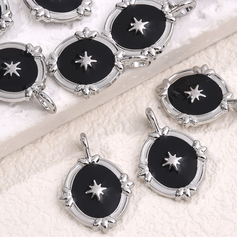 Ciondoli Ovali Stella Ottagramma In Lega Smalto Vintage Per Creazione Gioielli Collana Bracciale Retro Argento Nero