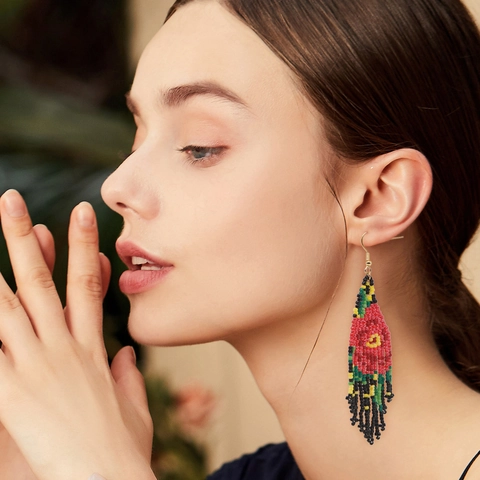 Orecchini Con Frange In Perline Fatti A Mano Bohémien Lunghi Pendenti Etnici Fiore Geometrico Perno In Acciaio Inossidabile