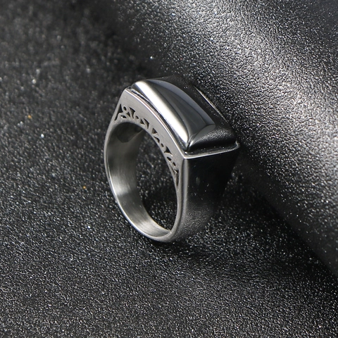 Men Signet Ring Stainless Steel With Rectangular Black Stone Retro Punk Hollow Geometric Design Statement Jewelry