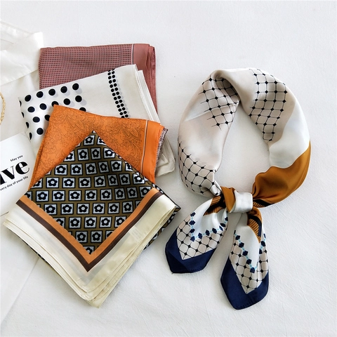Women Elegant Satin Satin Feel Square Scarf Polka Dot Geometric Floral Print French Retro Headscarf Hair Band Neck Decor