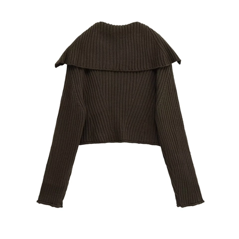 Women's Vintage Ribbed Knit Cardigan Big Sailor Collar Button Up Long Sleeve Cropped Sweater Top Solid Color Outfit