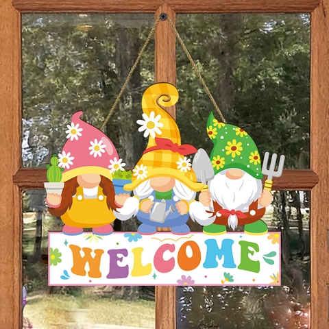 Welcome Hanging Sign Wood Gnome Garden Tools Spring Farmhouse Decor Outdoor Porch Pastoral Style