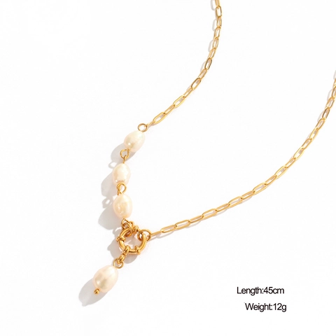 18K Gold Plated Stainless Steel Paperclip Chain Necklace With Baroque Freshwater Pearls Irregular Pendant Women Vintage