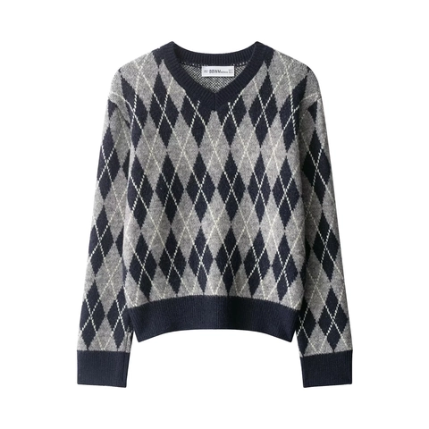 Suéter De Punto Argyle Cuello En V Manga Larga Poliéster Acrílico Casual Retro Top Para Mujeres