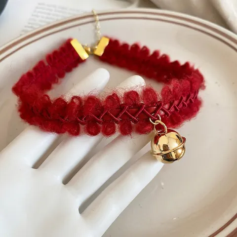 Red Knitted Tape Choker Necklace With Gold Alloy Bell Pendant Festive Elegant Adjustable Clavicle Chain For Women