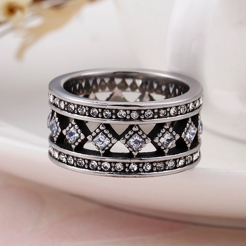 Anillo De Banda Ancha De Acero Inoxidable Con Zircón Blanco Geométrico Hueco Rombo Estilo Retro Para Mujeres