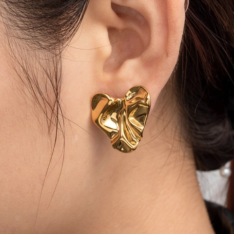 Stainless Steel Pleated Heart Geometric Earrings For Women Gold Silver Electroplated Irregular Metal Earrings Fashion Jewelry