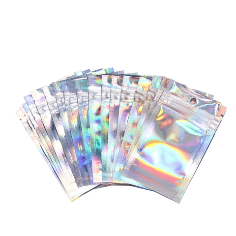 Holographic Laser Silver Resealable Ziplock Packaging Bags PVC Rainbow Reflective Jewelry Gift Storage Display
