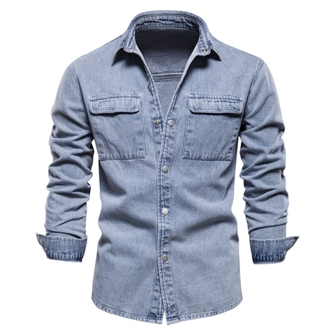 Heren Gewassen Denim Jas Casual Lange Mouwen Katoenen Overhemd Streetwear Top Met Dubbele Borstzakken Retro Revers