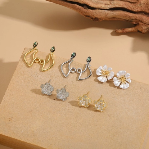 Camellia Flower Snake Stud Earrings Copper Zircon Enamel With 925 Sterling Silver Earring Post 14K Gold Plated