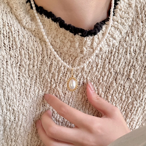 Elegante Collana Di Künstliche Perle Vintage Francese Con Pendente Ovale Argento Sterling 925 Placcato Oro 18K Gioielli Retro Donna