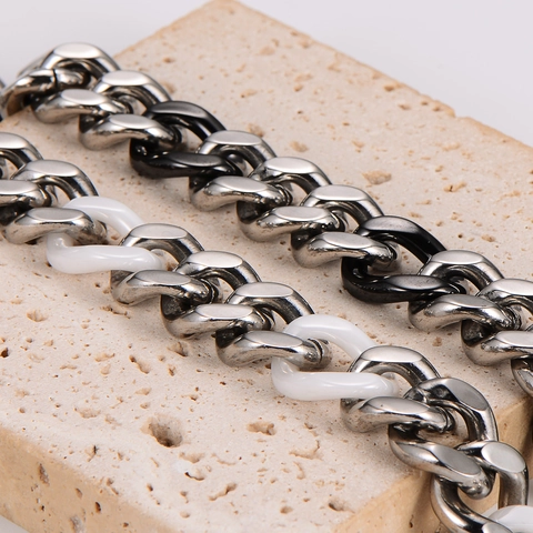 Collar Y Pulsera De Cadena Cubana Gruesa Acero Inoxidable 304 Cerámica Color En Contraste Moda Hip Hop Hombre