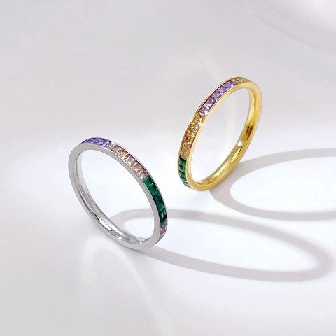 Rainbow Zircon Ring Stainless Steel Colorful Baguette Cut Inlaid Band For Women Fashion Minimalist Accessory Jewelry