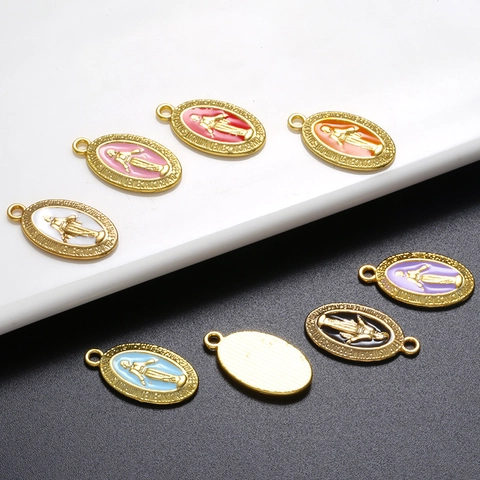 Pendentif Médaille Miraculeuse Religieuse Vierge Marie Ovale Rétro Coloré Cuivre Laiton Émail Relief Accessoires Bijoux Femme