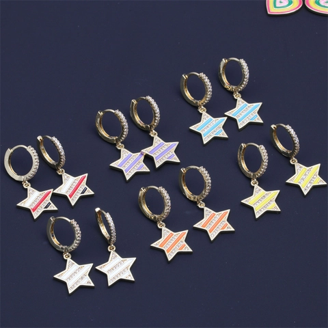 Orecchini Huggie A Stella Con Strisce Di Smalto Colorato Rame E Zirconia Stella A Cinque Punte Gioielli Da Donna